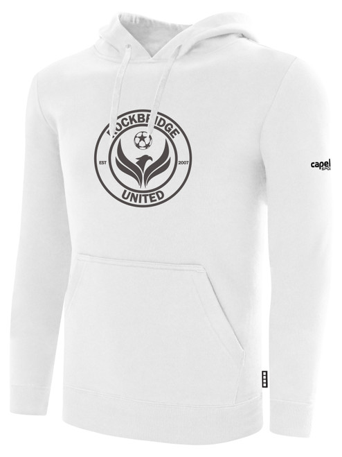 ROCKBRIDGE UNITED BASICS FLEECE PULLOVER HOODIE TEAM CREST ON WEARERS CENTER CHEST WHITE BLACK