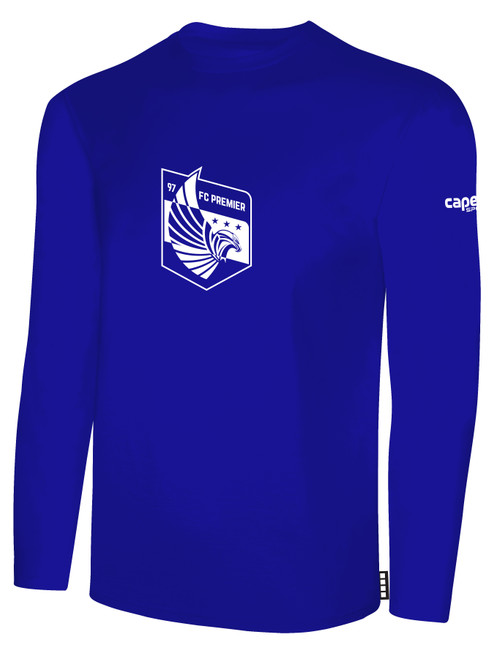 FC PREMIER BASICS LONG SLEEVE TEE SHIRT LARGE CREST ON CENTER CHEST ROYAL BLUE WHITE