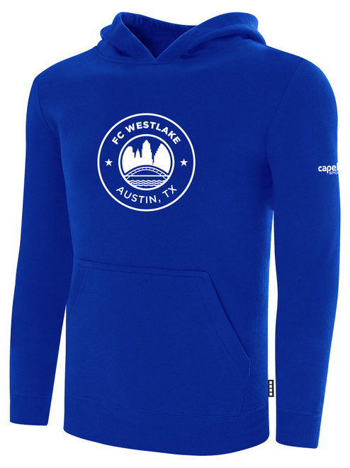 FC WESTLAKE BASICS FLEECE PULLOVER HOODIE TEAM CREST ON WEARERS CENTER CHEST ROYAL BLUE WHITE