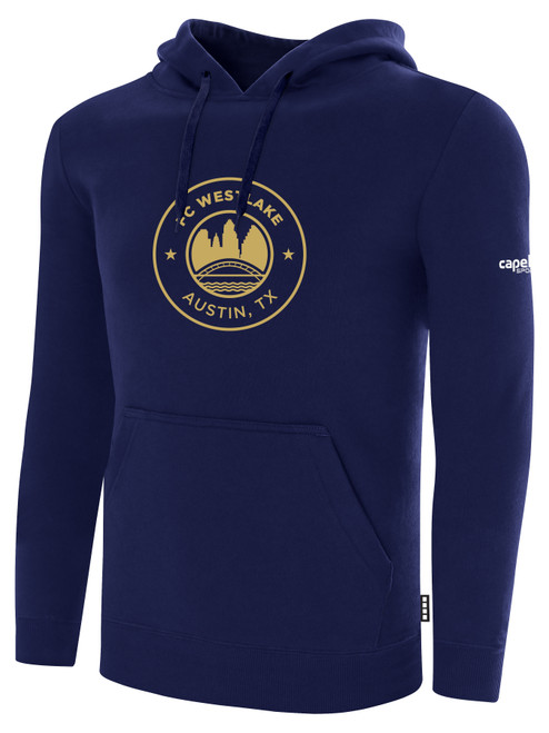 FC WESTLAKE BASICS FLEECE PULLOVER HOODIE TEAM CREST ON WEARERS CENTER CHEST NAVY WHITE