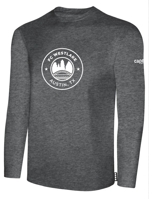 FC WESTLAKE BASICS LONG SLEEVE COTTON TEE TEAM CREST ON WEARERS CENTER CHEST DARK HEATHER GREY WHITE