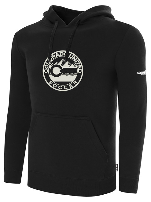 COLORADO UNITED BASICS FLEECE PULLOVER HOODIE TEAM CREST ON WEARERS CENTER CHEST BLACK WHITE