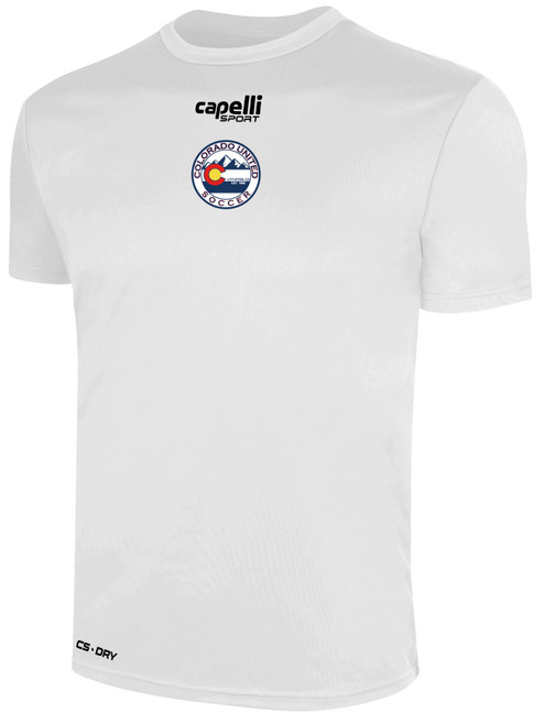 COLORADO UNITED BASICS CREW NECK POLY TEE CREST ON WEARER'S CENTER CHEST WHITE