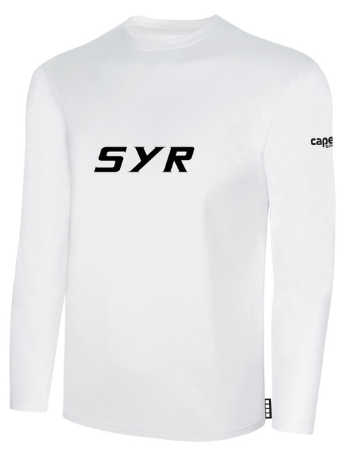 SYR FIELD HOCKEY BASICS LONG SLEEVE COTTON TEE TEAM CREST ON WEARERS CENTER CHEST WHITE BLACK