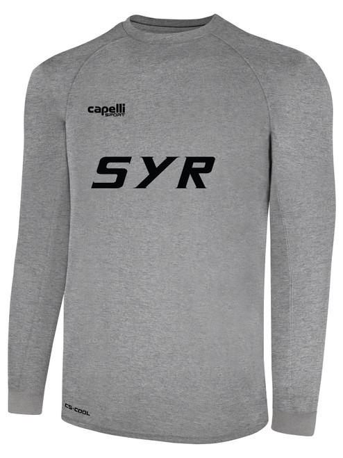 SYR FIELD HOCKEY BASICS II LONG SLEEVE TRAINING JERSEY TEE SHIRT CREST ON WEARERS CENTER CHEST LIGHT HEATHER GREY BLACK