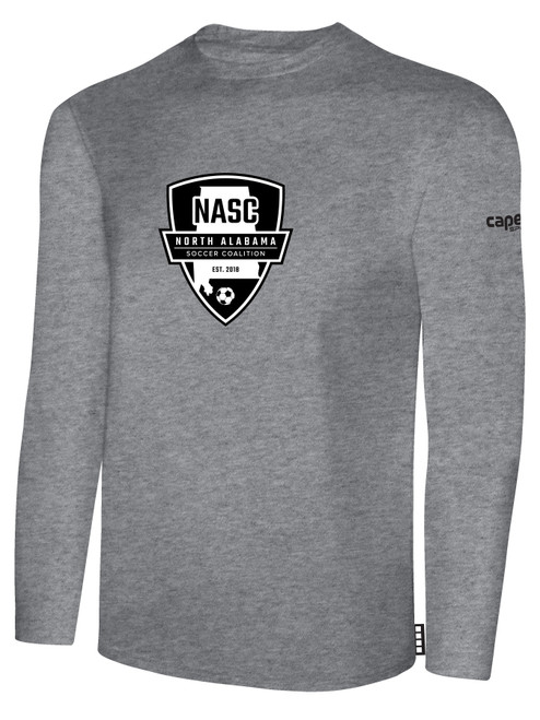 NORTH ALABAMA SC BASICS LONG SLEEVE COTTON TEE TEAM CREST ON WEARERS CENTER CHEST LIGHT HEATHER GREY BLACK