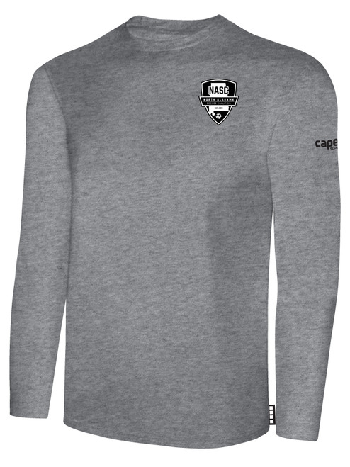 NORTH ALABAMA SC BASICS LONG SLEEVE COTTON TEE TEAM CREST ON WEARERS LEFT CHEST LIGHT HEATHER GREY BLACK