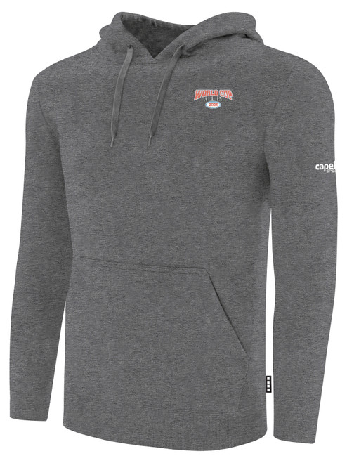 USA FIELD HOCKEY WORLD CUP BASICS FLEECE PULLOVER HOODIE CREST ON LEFT CHEST AND LARGE CENTER BACK DARK HEATHER GREY WHITE