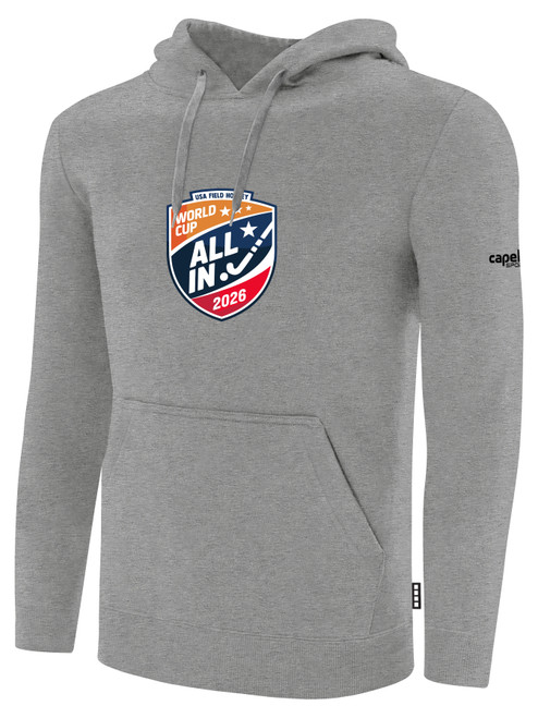 USA FIELD HOCKEY WORLD CUP BASICS FLEECE PULLOVER HOODIE LARGE CREST ON WEARERS CENTER CHEST LIGHT HEATHER GREY BLACK
