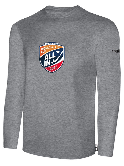 USA FIELD HOCKEY WORLD CUP BASICS LONG SLEEVE COTTON TEE LARGE CREST ON WEARERS CENTER CHEST LIGHT HEATHER GREY BLACK