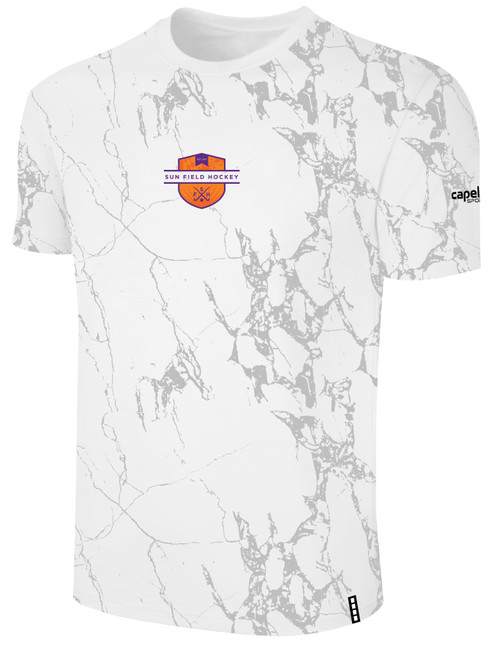 SUN FIELD HOCKEY LIFESTYLE MARBLE TEE WITH SLEEVE LOGO WHITE LIGHT GREY