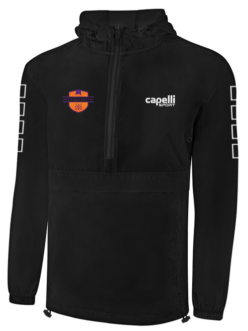 SUN FIELD HOCKEY CLASSICS PACKABLE WINDBREAKER CREST ON WEARERS RIGHT CHEST BLACK WHITE