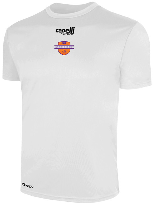 SUN FIELD HOCKEY BASICS CREW NECK POLY TEE CREST ON WEARERS CENTER CHEST WHITE 