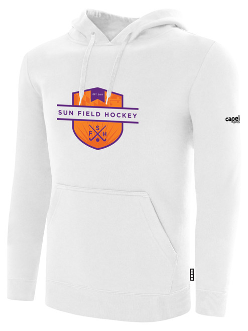 SUN FIELD HOCKEY BASICS FLEECE HOODIE CREST ON WEARERS CENTER CHEST WHITE BLACK 