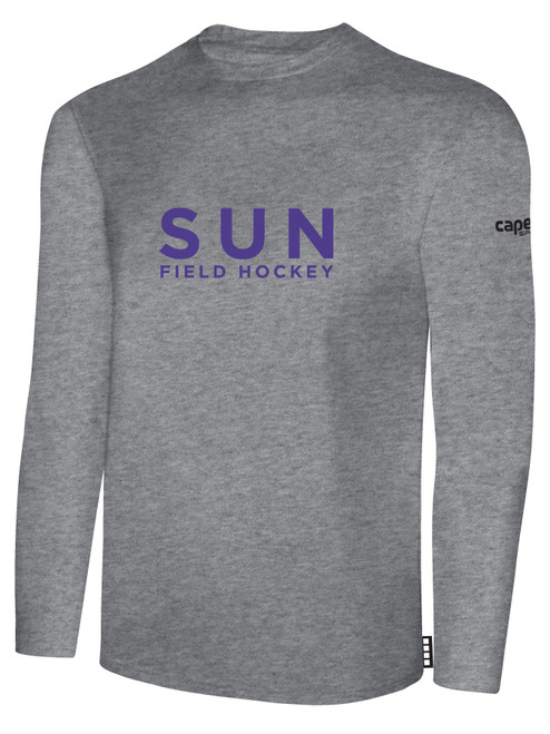 SUN FIELD HOCKEY BASICS COTTON LONG SLEEVE T-SHIRT NAME CREST ON WEARERS CENTER CHEST LIGHT HEATHER GREY 