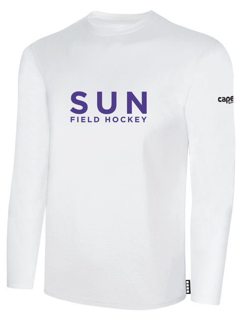 SUN FIELD HOCKEY BASICS COTTON LONG SLEEVE T-SHIRT NAME CREST ON WEARERS CENTER CHEST WHITE BLACK 