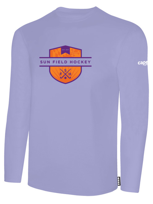 SUN FIELD HOCKEY BASICS COTTON LONG SLEEVE T-SHIRT CREST ON WEARERS CENTER CHEST LAVENDER WHITE 