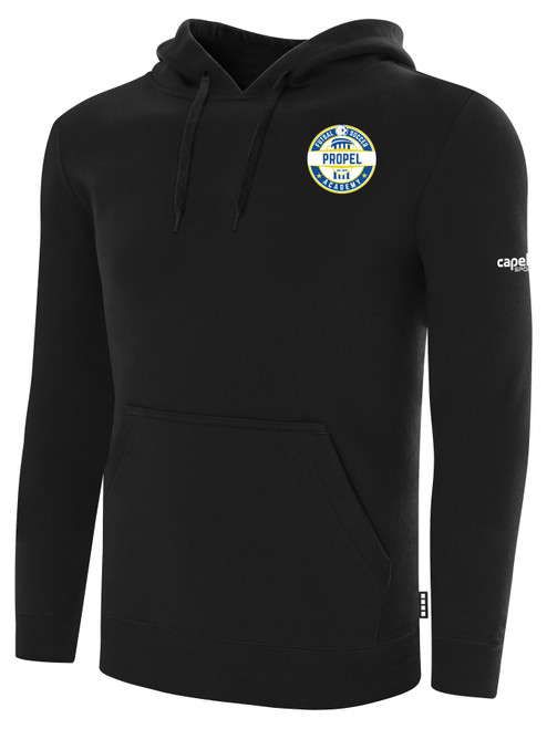 PROPEL FUTSAL SA BASICS FLEECE PULLOVER HOODIE TEAM CREST ON WEARERS LEFT CHEST BLACK WHITE