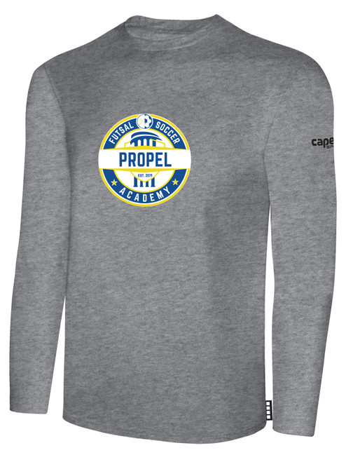 PROPEL FUTSAL SA BASICS LONG SLEEVE COTTON TEE TEAM CREST ON WEARERS CENTER CHEST LIGHT HEATHER GREY BLACK