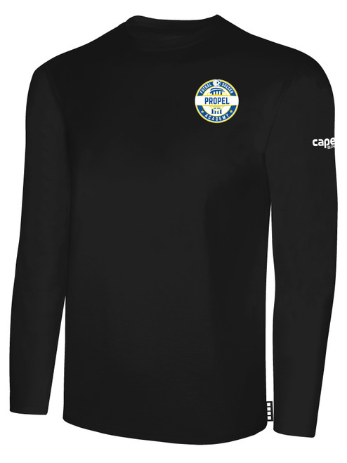 PROPEL FUTSAL SA BASICS LONG SLEEVE COTTON TEE TEAM CREST ON WEARERS LEFT CHEST BLACK WHITE