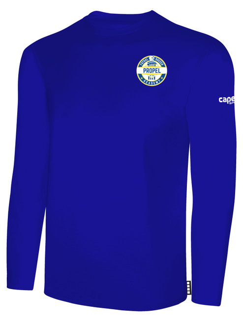 PROPEL FUTSAL SA BASICS LONG SLEEVE COTTON TEE TEAM CREST ON WEARERS LEFT CHEST ROYAL BLUE WHITE