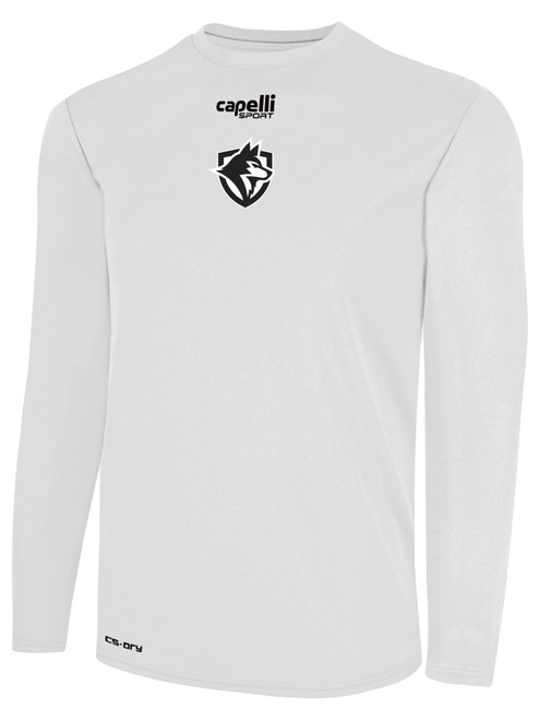 THE WOLVES FC BASICS CREW NECK LONG SLEEVE POLY TEE ON WEARERS CENTER CHEST WHITE