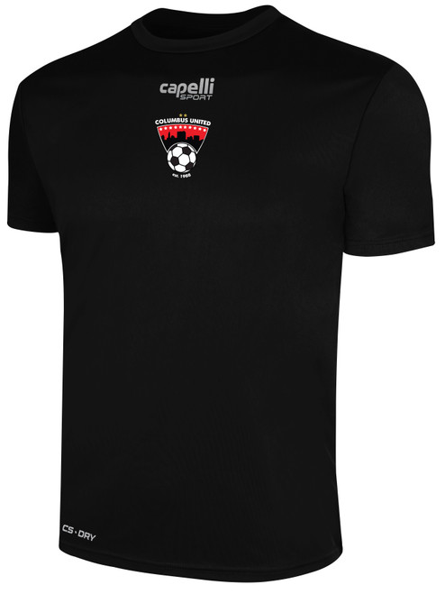 COLUMBUS UNITED BASICS CREW NECK POLY TEE CREST ON WEARER'S CENTER CHEST BLACK