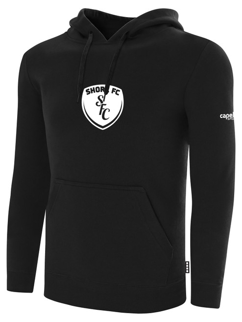 SHORE FC BASICS FLEECE PULLOVER HOODIE CREST CENTER CHEST BLACK WHITE