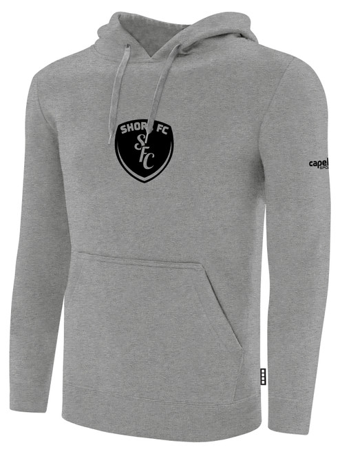 SHORE FC BASICS FLEECE PULLOVER HOODIE CREST CENTER CHEST LIGHT HEATHER GREY BLACK