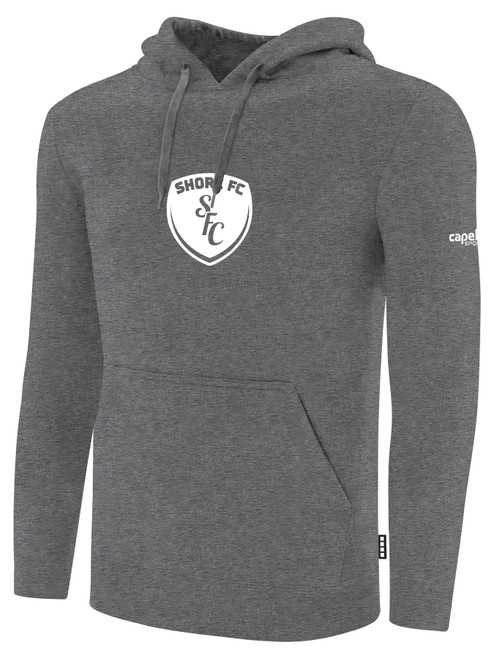 SHORE FC BASICS FLEECE PULLOVER HOODIE CREST CENTER CHEST DARK HEATHER GREY WHITE