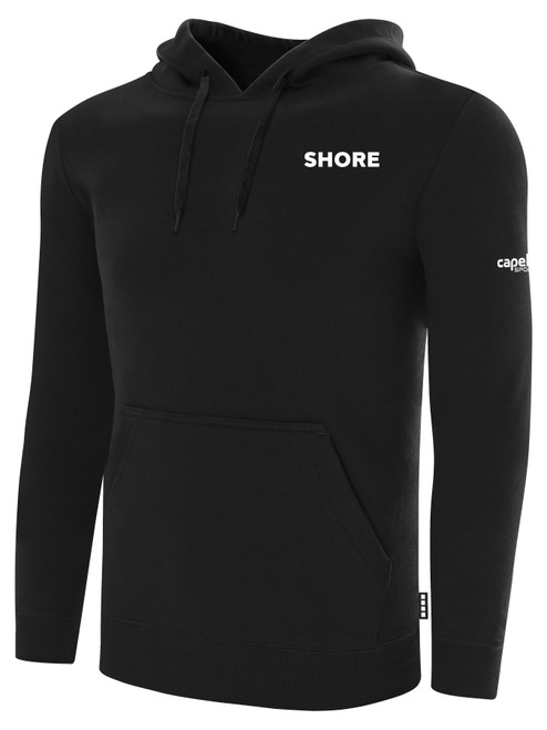 SHORE FC BASICS FLEECE PULLOVER HOODIE CREST LEFT CHEST BLACK WHITE