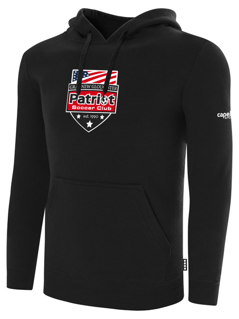 PATRIOT SOCCER BASICS FLEECE PULLOVER HOODIE CREST CENTER CHEST BLACK WHITE