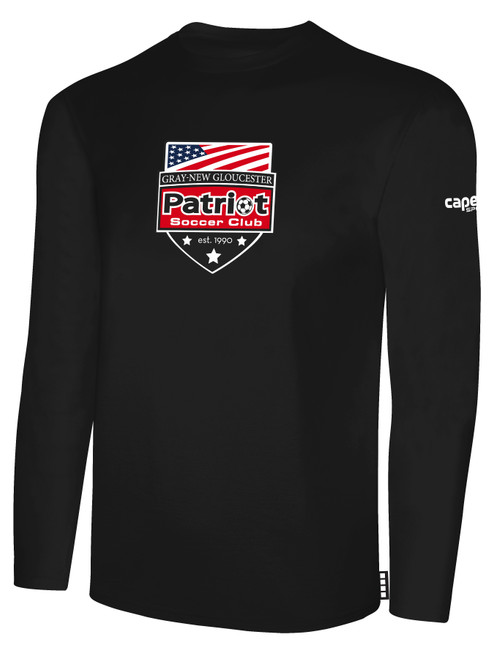 PATRIOT SOCCER BASICS LONG SLEEVE COTTON TEE CREST CENTER CHEST BLACK WHITE