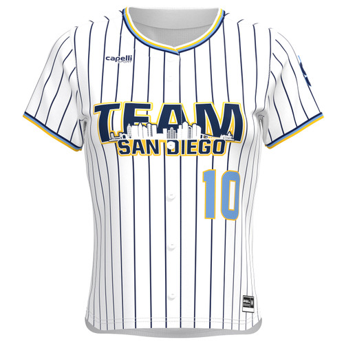 TEAM SAN DIEGO PINSTRIPE BASE LITE FULL BUTTON JERSEY WHITE ATHLETIC GOLD POWDER BLUE NAVY