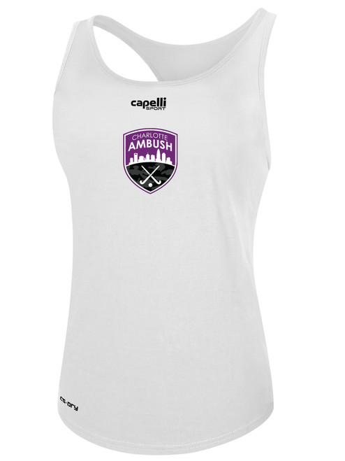 CHARLOTTE AMBUSH FH BASICS RACER BACK TANK CREST CENTER CHEST WHITE