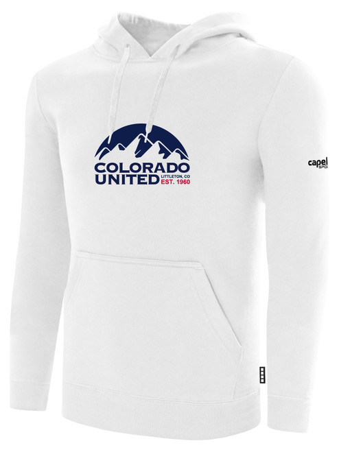 COLORADO UNITED BASICS FLEECE PULLOVER HOODIE TEAM CREST ON WEARERS CENTER CHEST WHITE BLACK