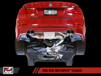 AWE Tuning BMW F3X N20 Downpipe Back SwitchPath Exhaust + Remote Quad Outlet - 80mm Black Tips