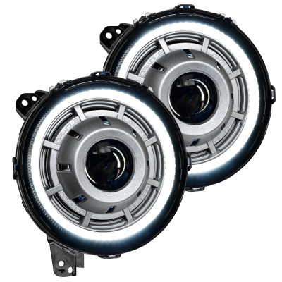 Oracle 5839-504-PSC Oculus Bi-LED Projector Halo Headlights White Satin Silver Bezel for 18-24 Jeep Wrangler JL & Gladiator JT