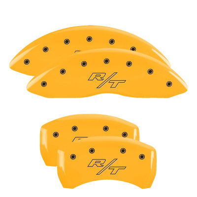 MGP 12162SRTRYL Dual Piston Caliper Covers Yellow with RT Vintage Logo for 11-23 Challenger & Charger R/T 5.7L HEMI