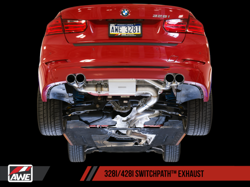 DISCONTINUED AWE Tuning BMW F3X N20 Downpipe Back SwitchPath Exhaust + Remote Quad Outlet - 80mm Black Tips