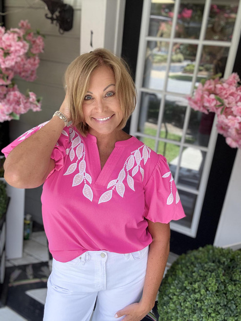 Pink Palms Embroidered Blouse