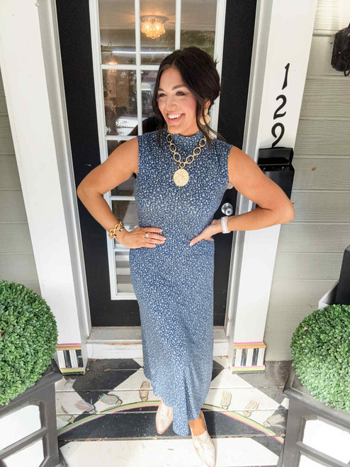 Blue Blossom Mock Neck Midi Dress Blue Blossom Mock Neck Midi Dress