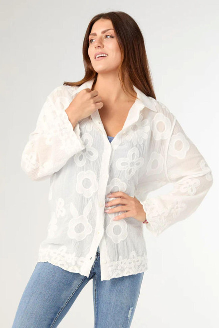 Sheer Bloom Button-Front Blouse