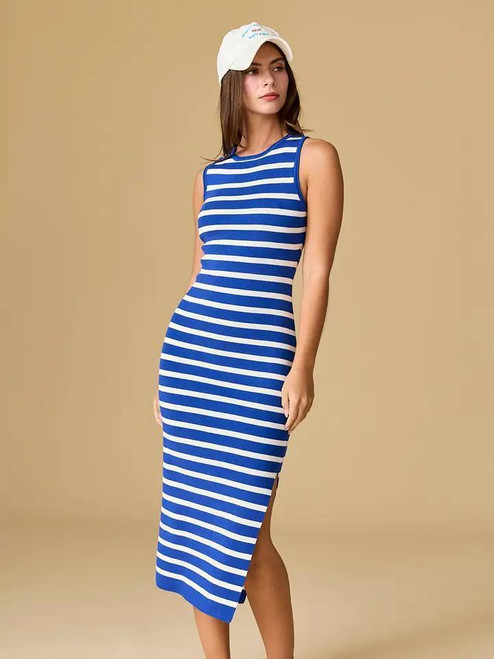 blue & white striped midi dress