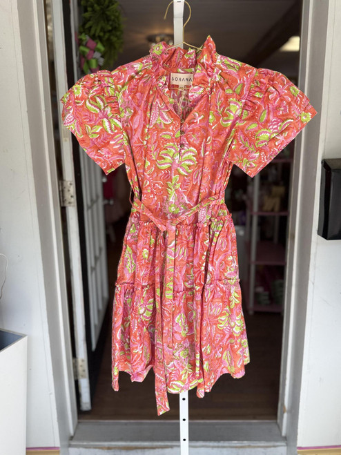 Coral Bloom Tie Waist Mini Dress