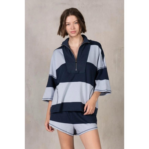 Navy & Sky Stripe Half-Zip Lounge Set