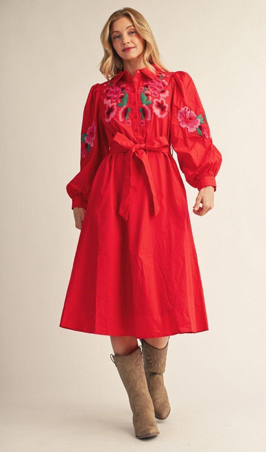 Poppy in Red Embroidered Midi Dress
