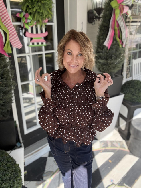 Sweet Spot Smocked Polka Dot Blouse