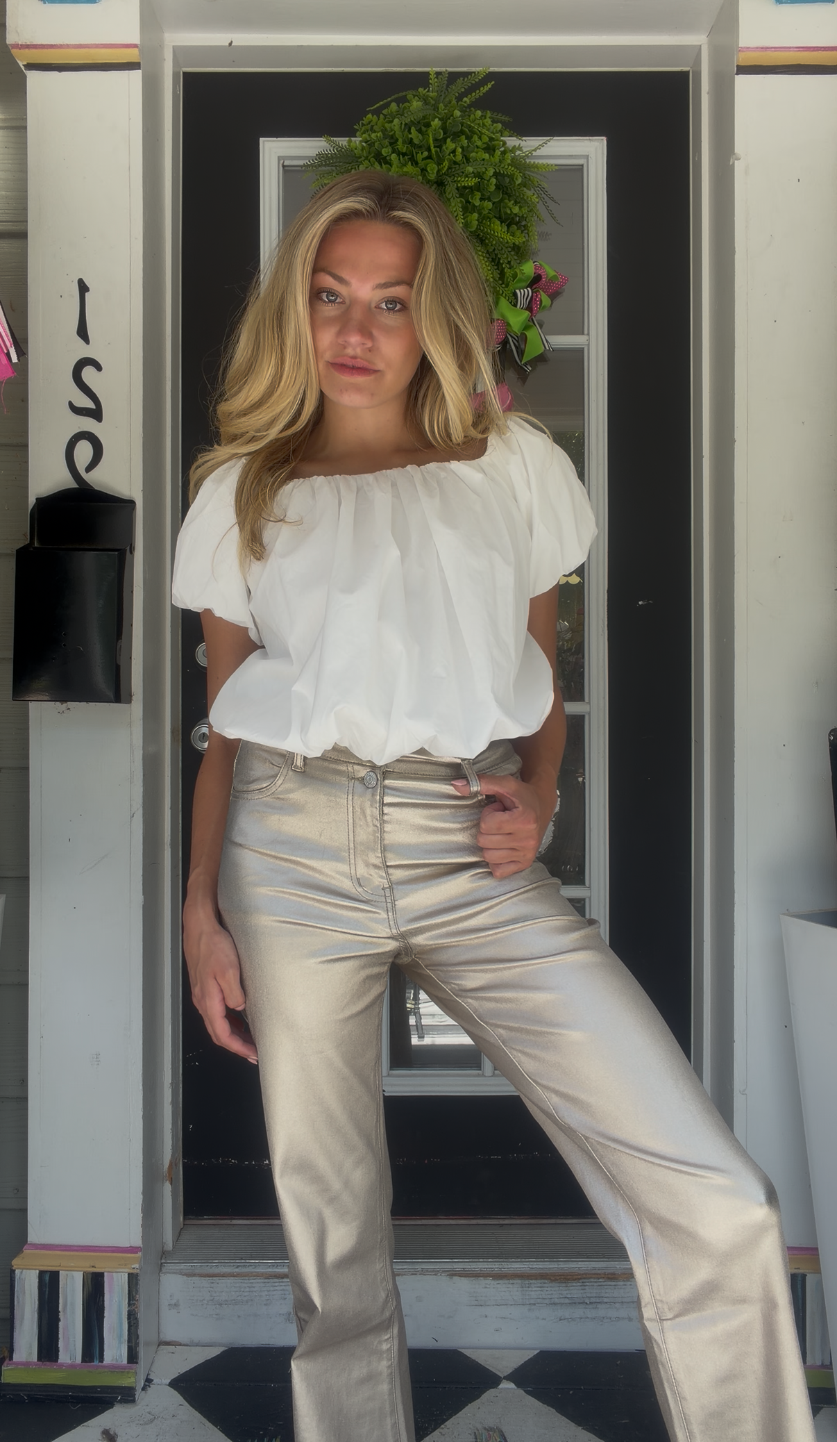 Woman's light blue silk pants with green floral design