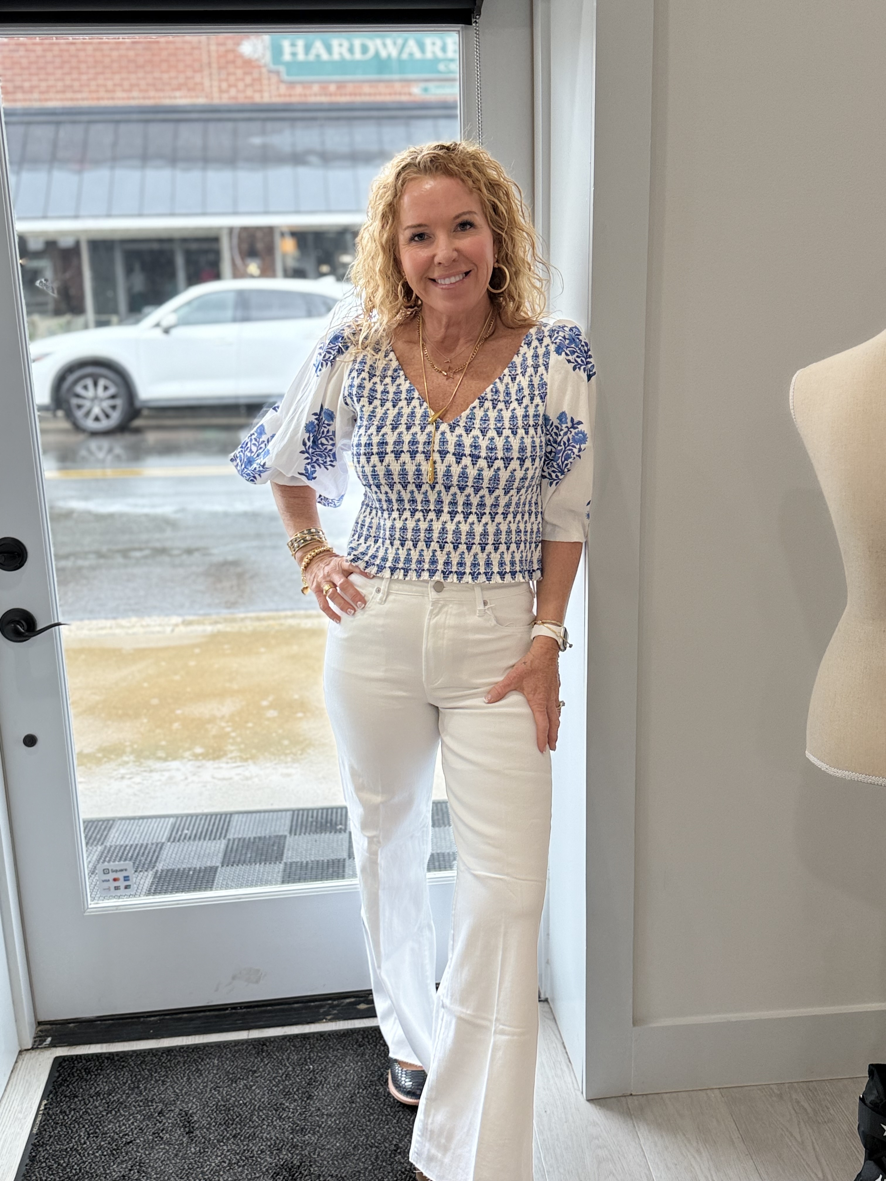 Woman's light blue silk pants with green floral design